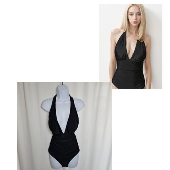 141.🆕Med Cupshe Halter Deep V Neck Swimsuit With Tummy Control  Black - Picture 1 of 5